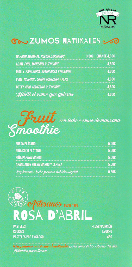 Carta de zumos naturales y fruit smoothies